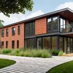 **

"A modern, eco-friendly house exterior showcasing a blend of reclaimed brick from an old factory and biocomposite panels made from hemp fibers. The house has solar panels on the roof and a rainwater harvesting system visible in the garden. LEED Gold certified building, surrounded by lush greenery."

**