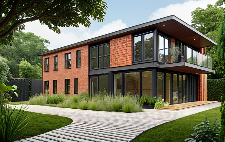 **

"A modern, eco-friendly house exterior showcasing a blend of reclaimed brick from an old factory and biocomposite panels made from hemp fibers. The house has solar panels on the roof and a rainwater harvesting system visible in the garden. LEED Gold certified building, surrounded by lush greenery."

**