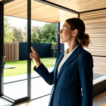 A professional female architect, fully clothed in a modest, contemporary business suit, stands within a sunlit, modern residential interior. She is presenting a sample of a sustainable, high-quality wall finishing material, gesturing towards a large window revealing a minimalist garden. The space showcases various building materials seamlessly integrated, such as large format floor tiles and natural wood accents. The overall atmosphere is elegant and inspiring, emphasizing the aesthetic potential of the materials. Safe for work, appropriate content, professional dress, perfect anatomy, correct proportions, natural pose, well-formed hands, proper finger count, natural body proportions, high-resolution, professional photography.