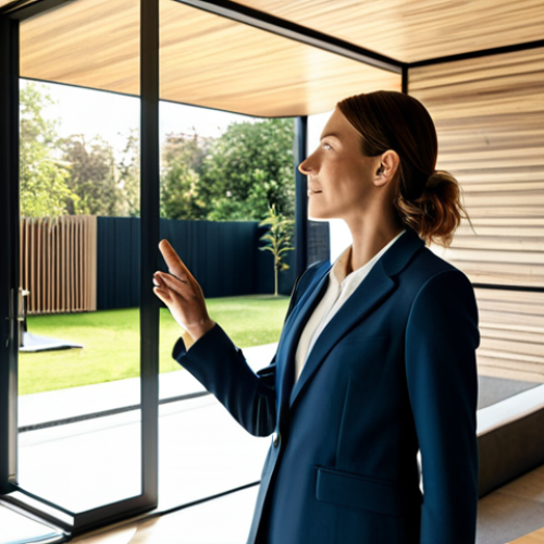 Home 9 A professional female architect, fully clothed in a modest, contemporary business suit, stands within a sunlit, modern residential interior. She is presenting a sample of a sustainable, high-quality wall finishing material, gesturing towards a large window revealing a minimalist garden. The space showcases various building materials seamlessly integrated, such as large format floor tiles and natural wood accents. The overall atmosphere is elegant and inspiring, emphasizing the aesthetic potential of the materials. Safe for work, appropriate content, professional dress, perfect anatomy, correct proportions, natural pose, well-formed hands, proper finger count, natural body proportions, high-resolution, professional photography.