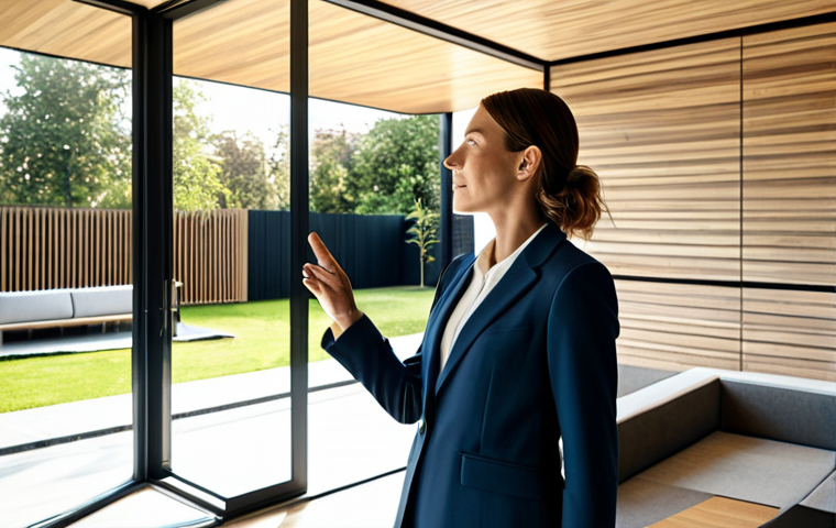 A professional female architect, fully clothed in a modest, contemporary business suit, stands within a sunlit, modern residential interior. She is presenting a sample of a sustainable, high-quality wall finishing material, gesturing towards a large window revealing a minimalist garden. The space showcases various building materials seamlessly integrated, such as large format floor tiles and natural wood accents. The overall atmosphere is elegant and inspiring, emphasizing the aesthetic potential of the materials. Safe for work, appropriate content, professional dress, perfect anatomy, correct proportions, natural pose, well-formed hands, proper finger count, natural body proportions, high-resolution, professional photography.