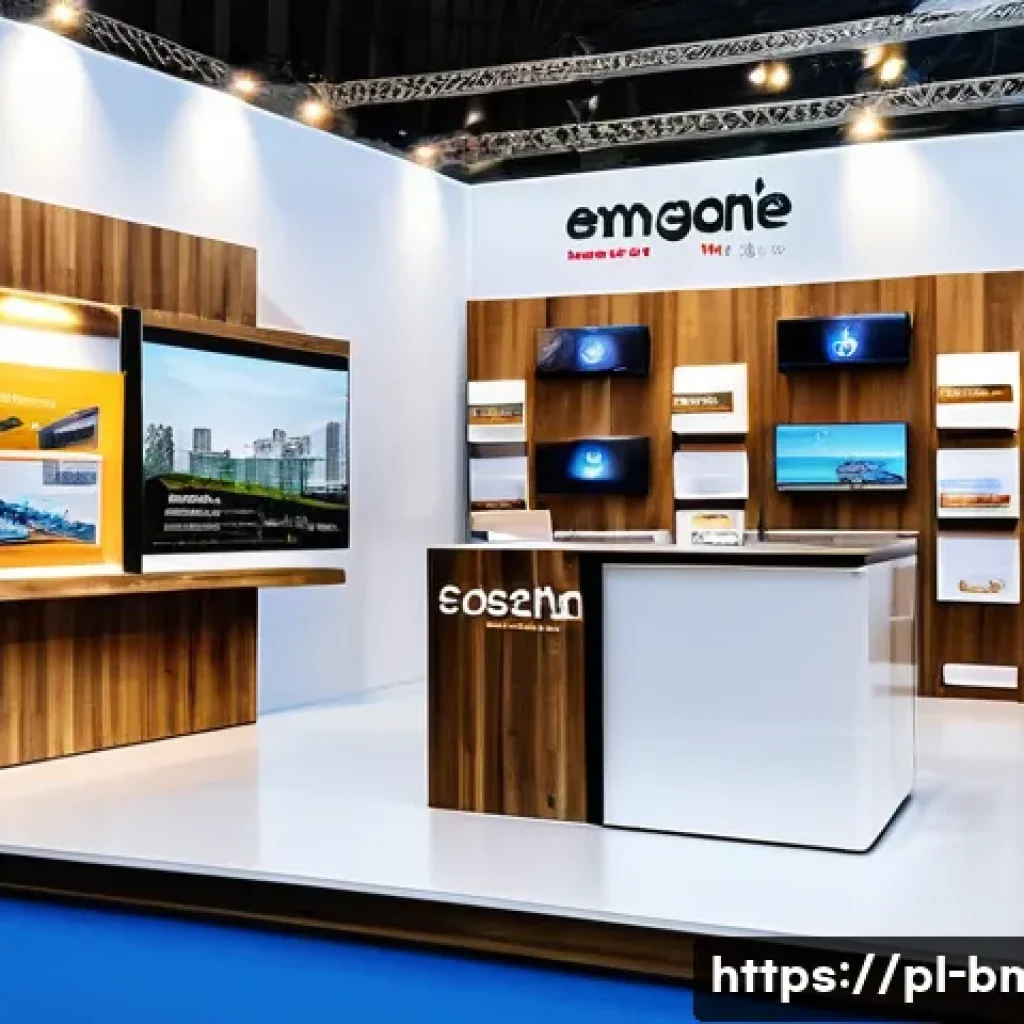 건축자재 PR 사례 분석 - A modern construction trade fair booth in Poland, featuring sleek design with wooden and metal accen...