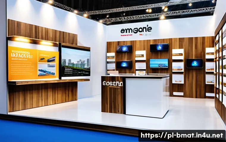 건축자재 PR 사례 분석 - A modern construction trade fair booth in Poland, featuring sleek design with wooden and metal accen...