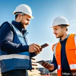 Home 21 건축자재 마케팅에서 고객 피드백 반영 - A professional Polish construction site scene featuring a diverse group of builders in safety gear a...