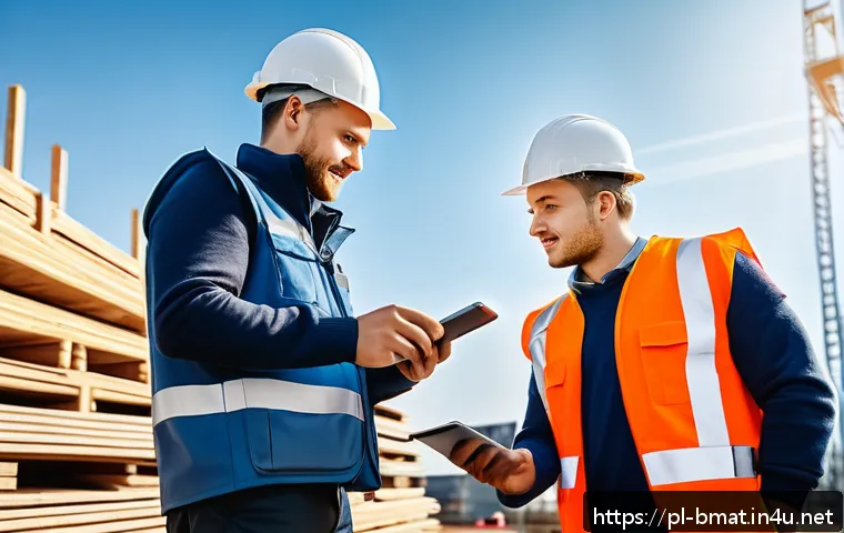 건축자재 마케팅에서 고객 피드백 반영 - A professional Polish construction site scene featuring a diverse group of builders in safety gear a...