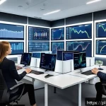 Home 20 건축자재 마케팅과 경쟁사 분석 - A modern construction market analysis office scene featuring a diverse team of professionals examini...