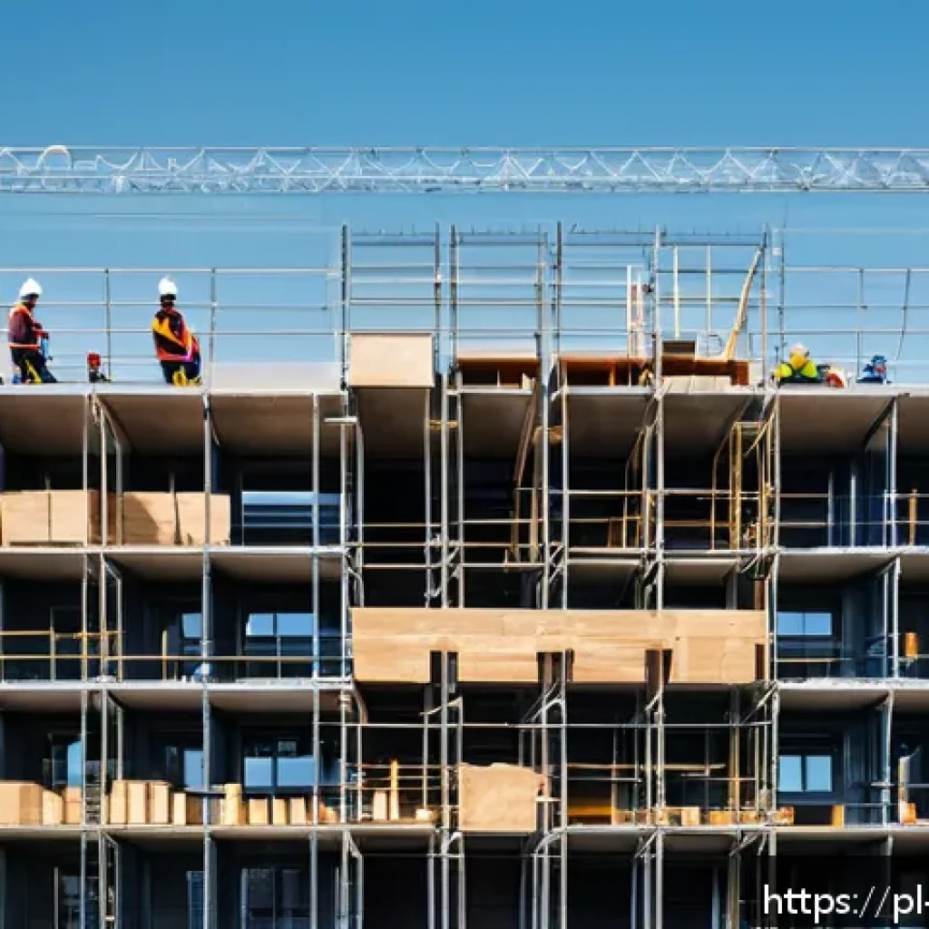 건축자재 광고 카피 작성법 - A modern construction site in Poland during daytime, showing workers in safety gear and branded comp...