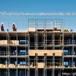 Home 18 건축자재 광고 카피 작성법 - A modern construction site in Poland during daytime, showing workers in safety gear and branded comp...