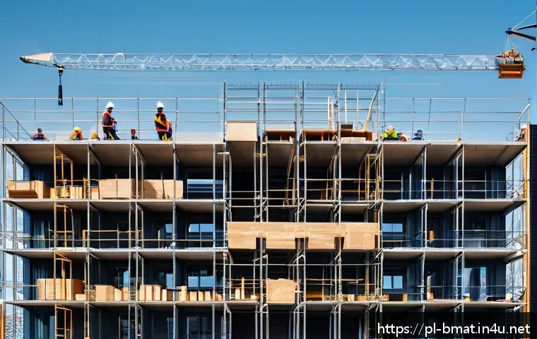 건축자재 광고 카피 작성법 - A modern construction site in Poland during daytime, showing workers in safety gear and branded comp...