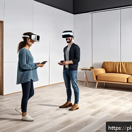 Home 17 건축자재 마케팅에서의 AR VR 활용 - A modern Polish home interior showroom featuring customers wearing VR headsets exploring virtual cer...