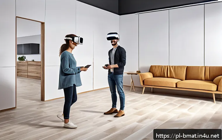 건축자재 마케팅에서의 AR VR 활용 - A modern Polish home interior showroom featuring customers wearing VR headsets exploring virtual cer...