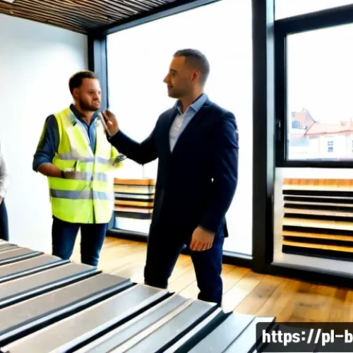 건축자재 마케팅 실무 필수 스킬 - Photorealistic architectural materials showroom in Warsaw, Poland, a confident Polish marketing spec...