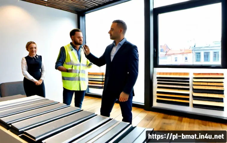 건축자재 마케팅 실무 필수 스킬 - Photorealistic architectural materials showroom in Warsaw, Poland, a confident Polish marketing spec...