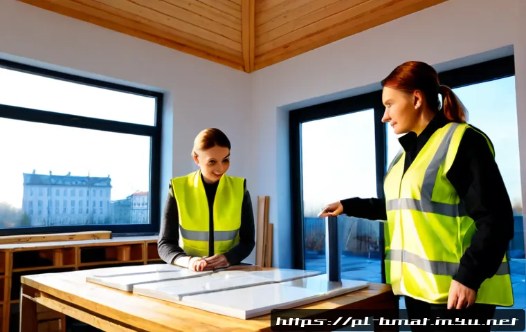 건축자재 마케팅과 정부 정책 분석 - Photorealistic Polish construction materials marketing scene, a bright modern showroom in Warsaw wit...