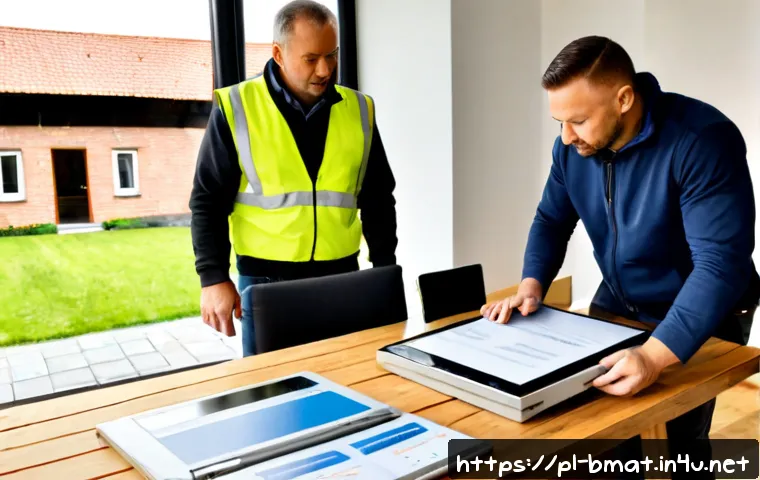 Home 17 건축자재 마케팅 블로그 글쓰기 팁 - Photorealistic Polish construction materials marketing workspace, a confident middle-aged contractor...